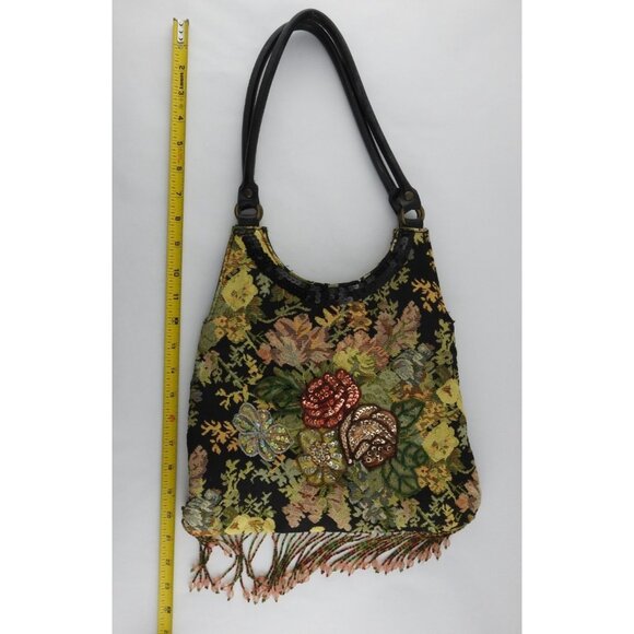 Vintage Prezzo Floral Tapestry Sequin Emplished Fringe Beaded Festival Bag - Picture 6 of 10
